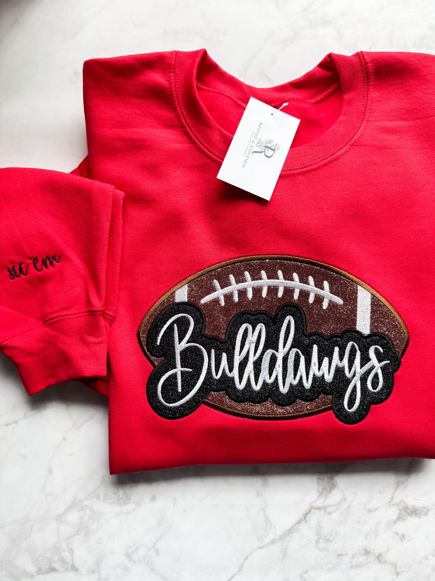 Bulldawgs Football Double Glitter Appliqué Embroidered Sweatshirt with Sleeve Embroidery