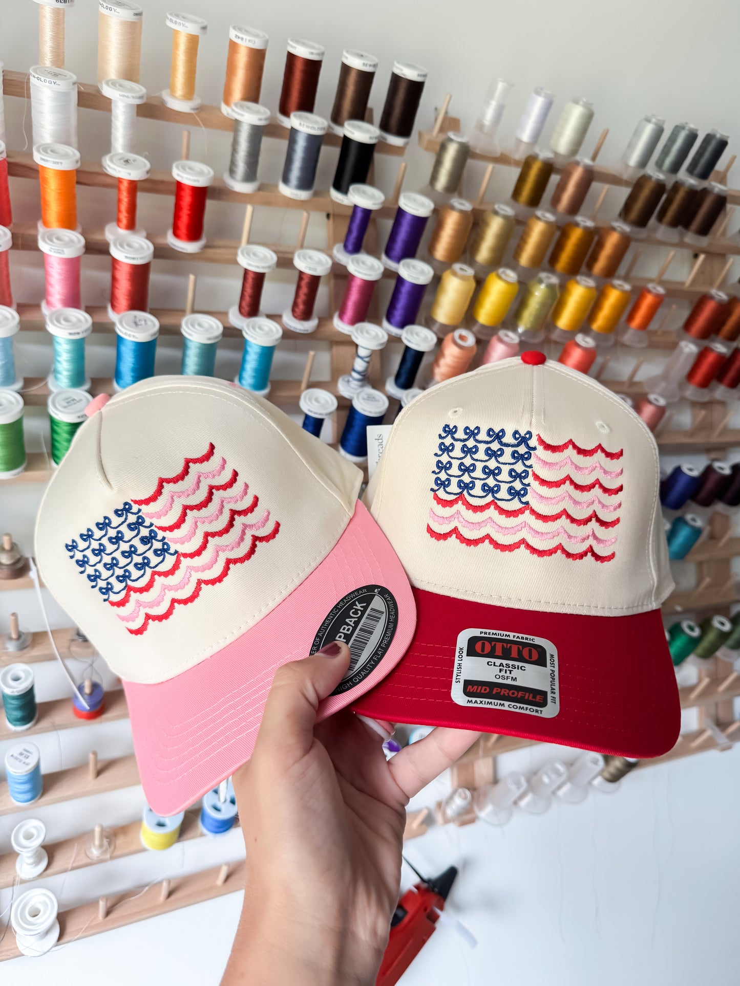 Scalloped Bow American Flag Embroidered Hat