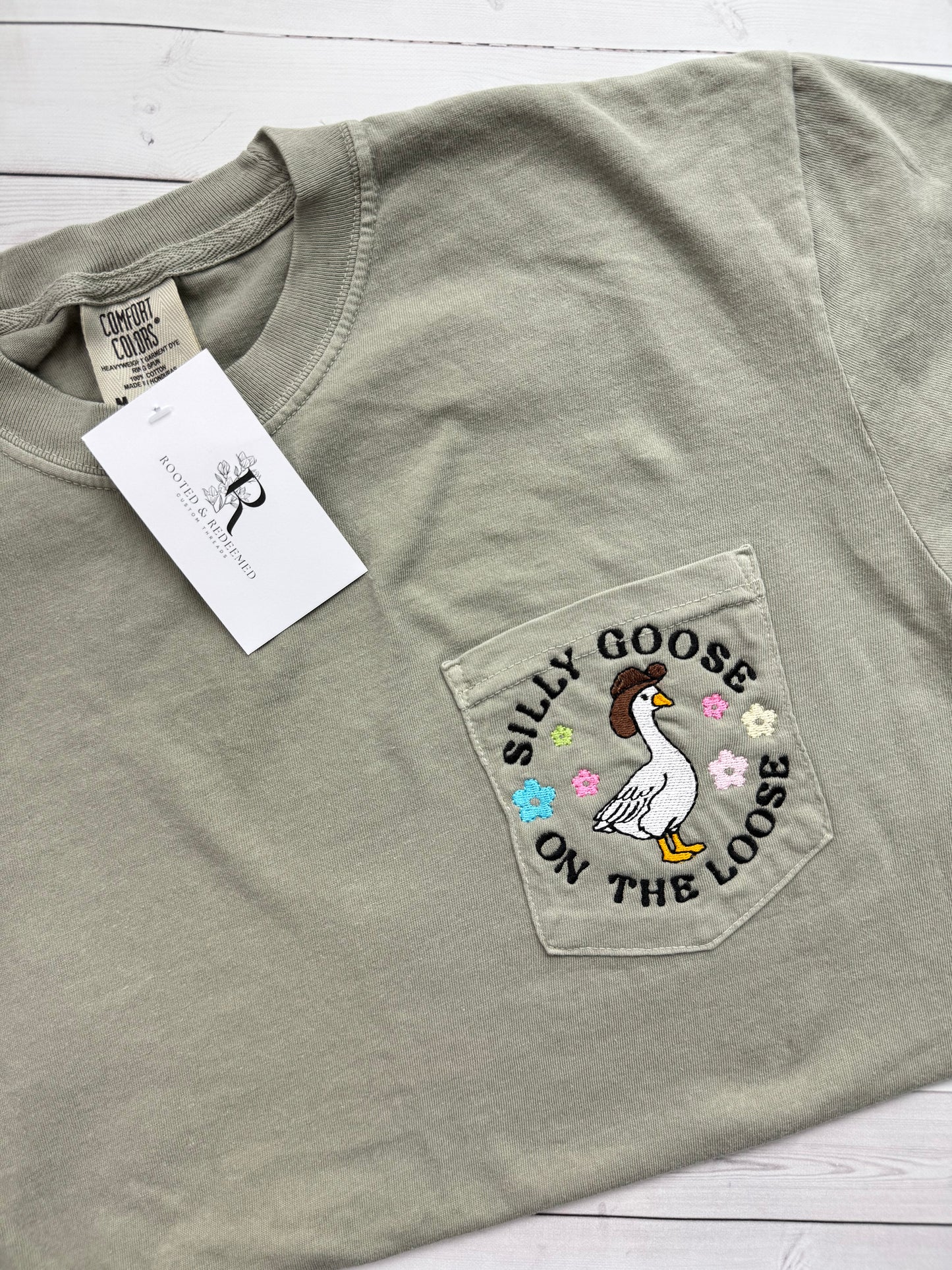 Silly Goose on the Loose Embroidered Comfort Colors Pocket T Shirt