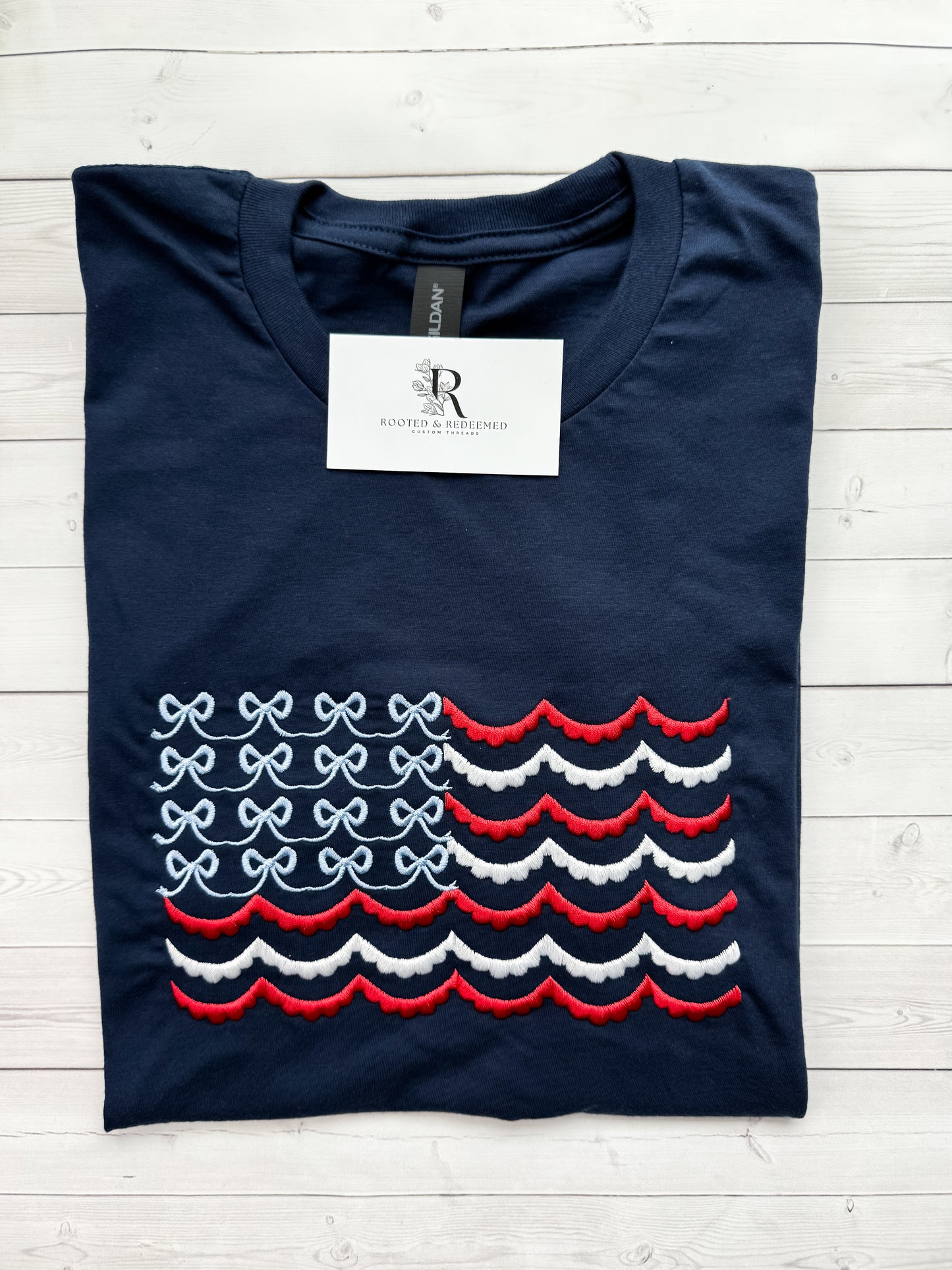 Scalloped Bow American Flag Embroidered Shirt