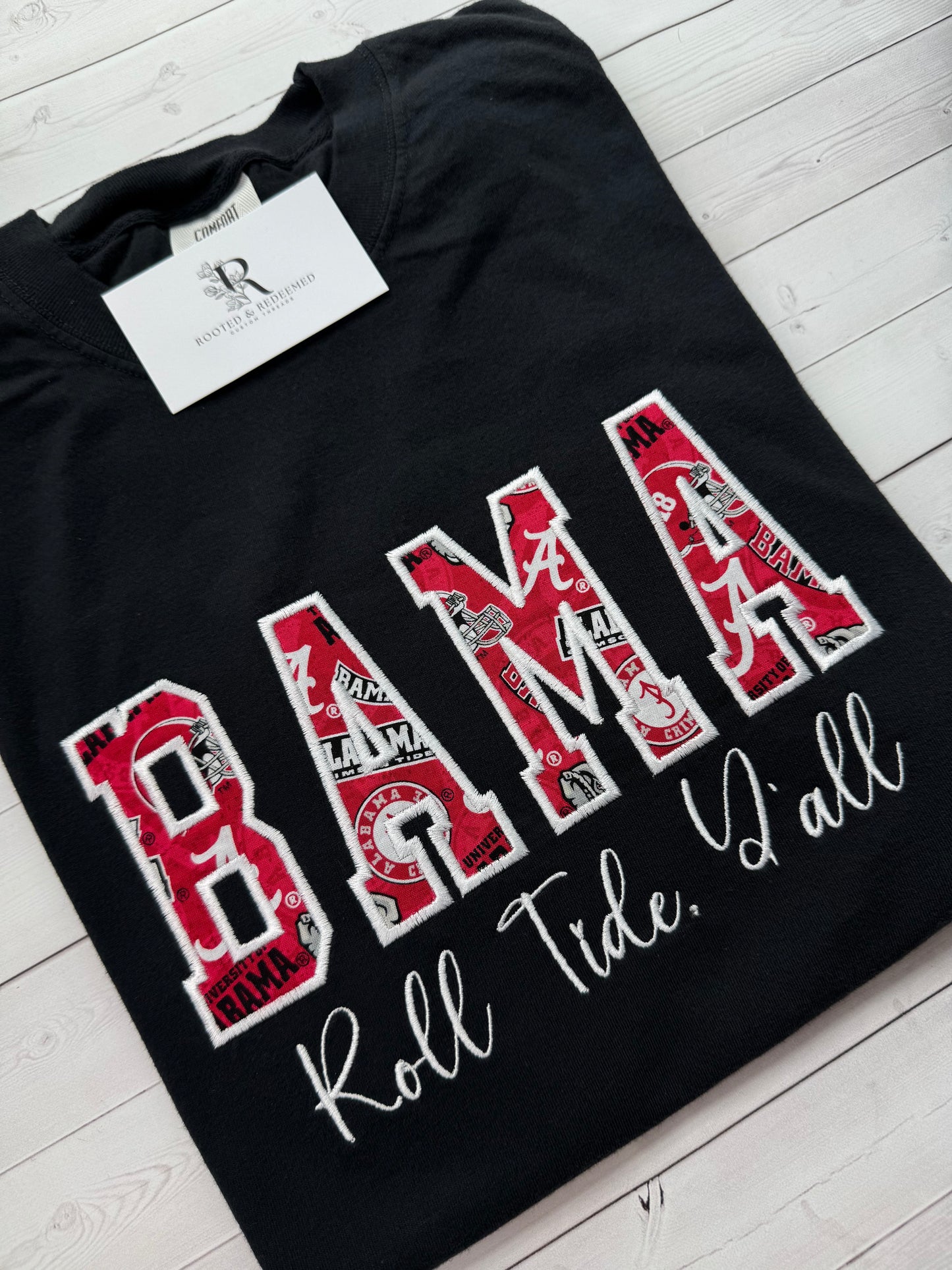 Alabama "BAMA" + Roll Tide Y'all Satin Stitch Applique Embroidered Comfort Colors Shirt