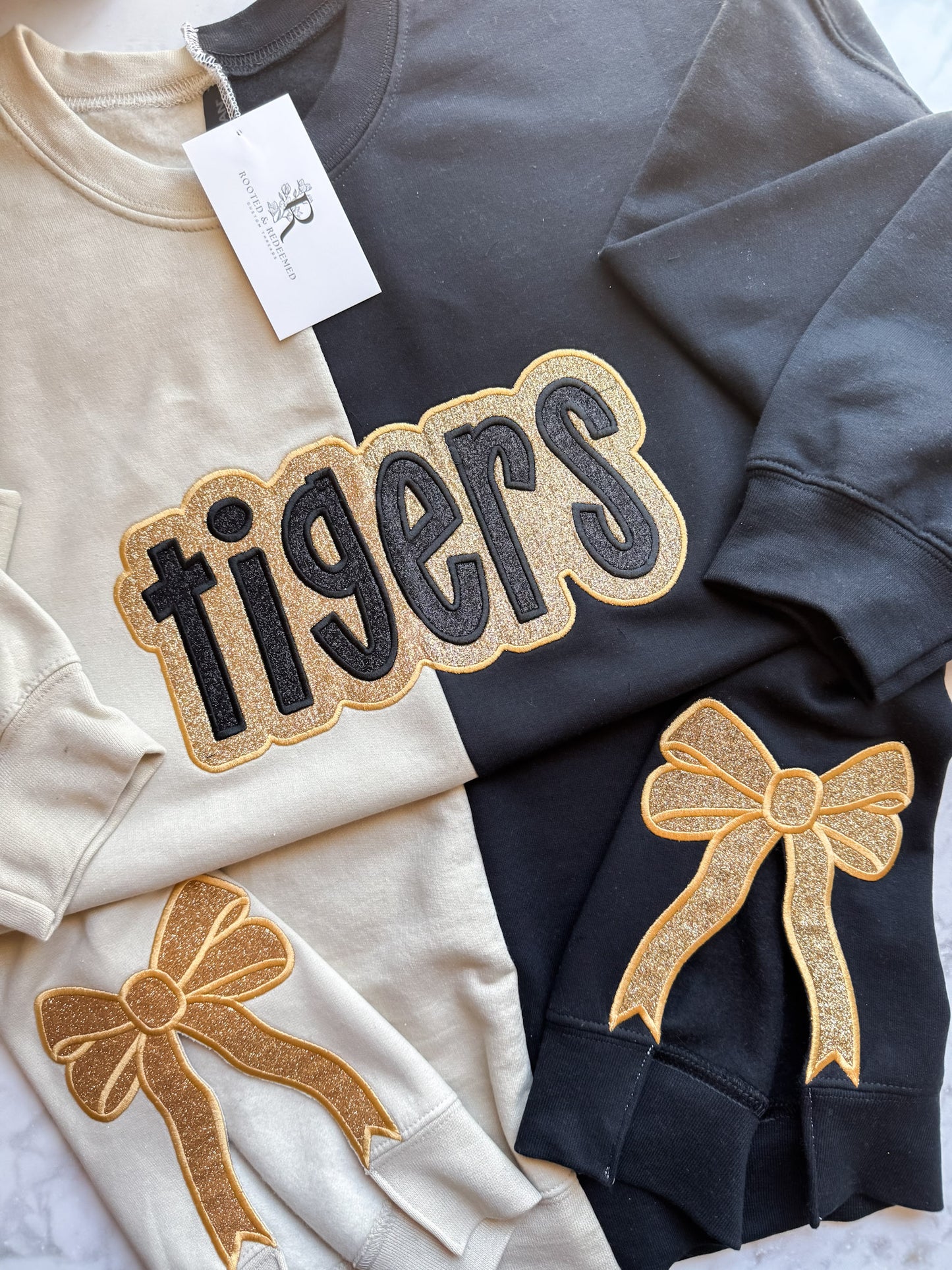 Tigers Double Glitter Appliqué Split Color Embroidered Sweatshirt WITH SIDE BOWS