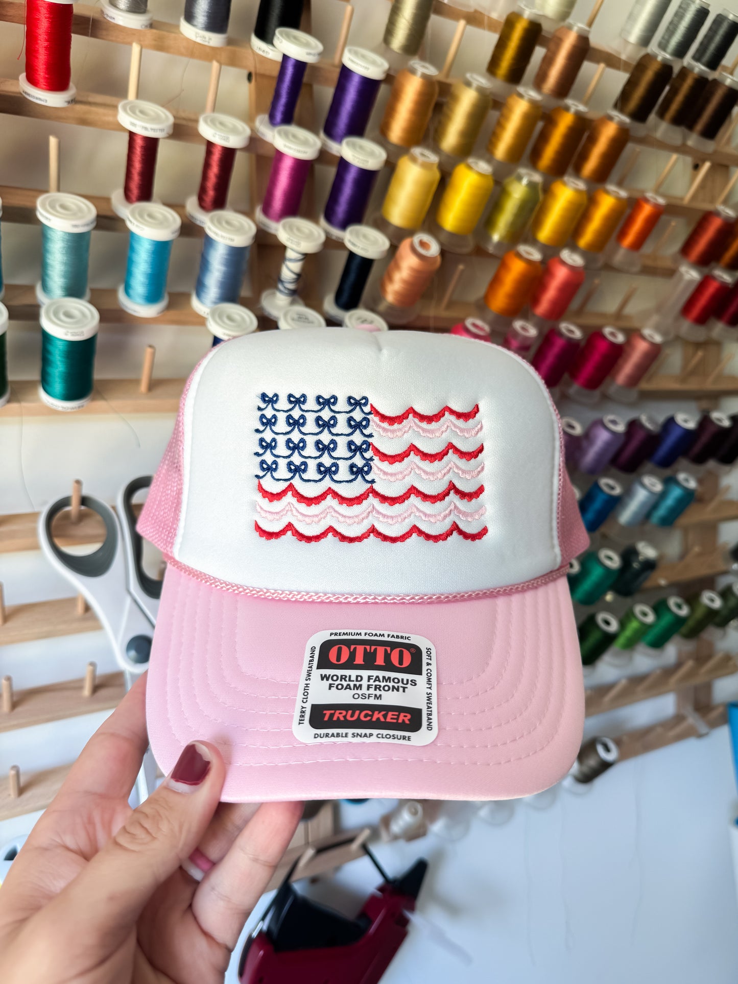 Scalloped Bow American Flag Embroidered Hat