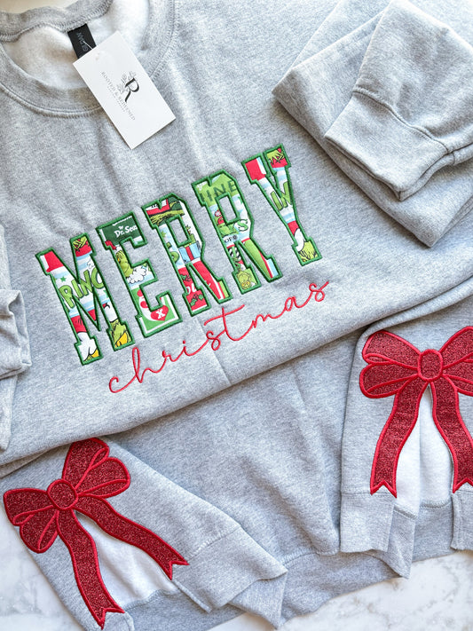 MERRY Christmas Applique Embroidered Sweatshirt WITH SIDE BOW APPLIQUES