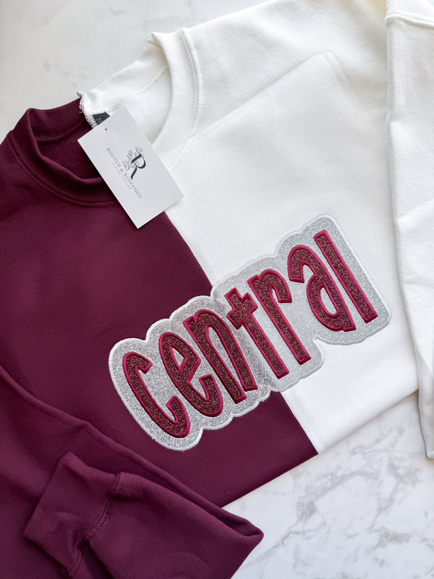 Central Double Glitter Appliqué Split Color Embroidered Sweatshirt