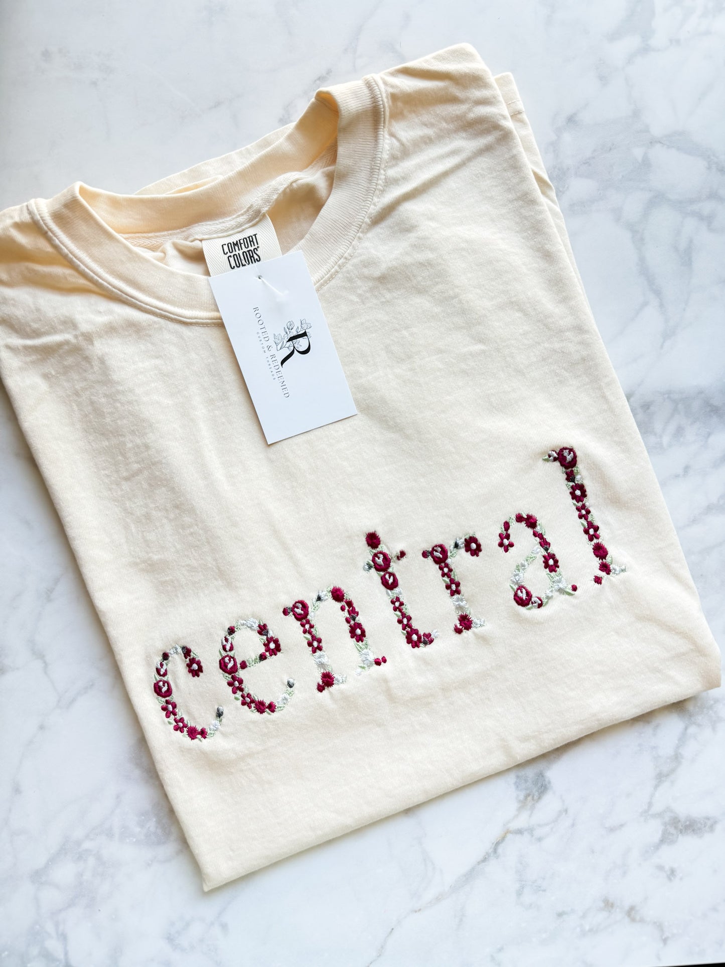 Central Maroon Floral Letter Embroidered Comfort Colors T Shirt