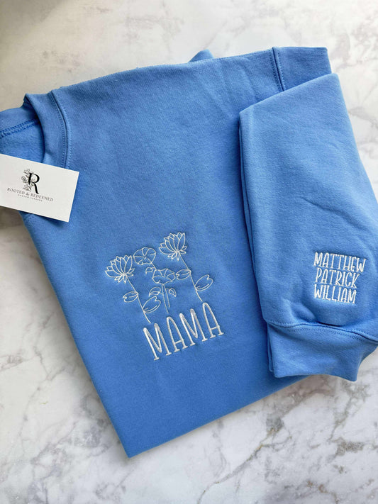 Personalized Mama Birth Flowers Embroidered Sweatshirt with Sleeve Embroidery