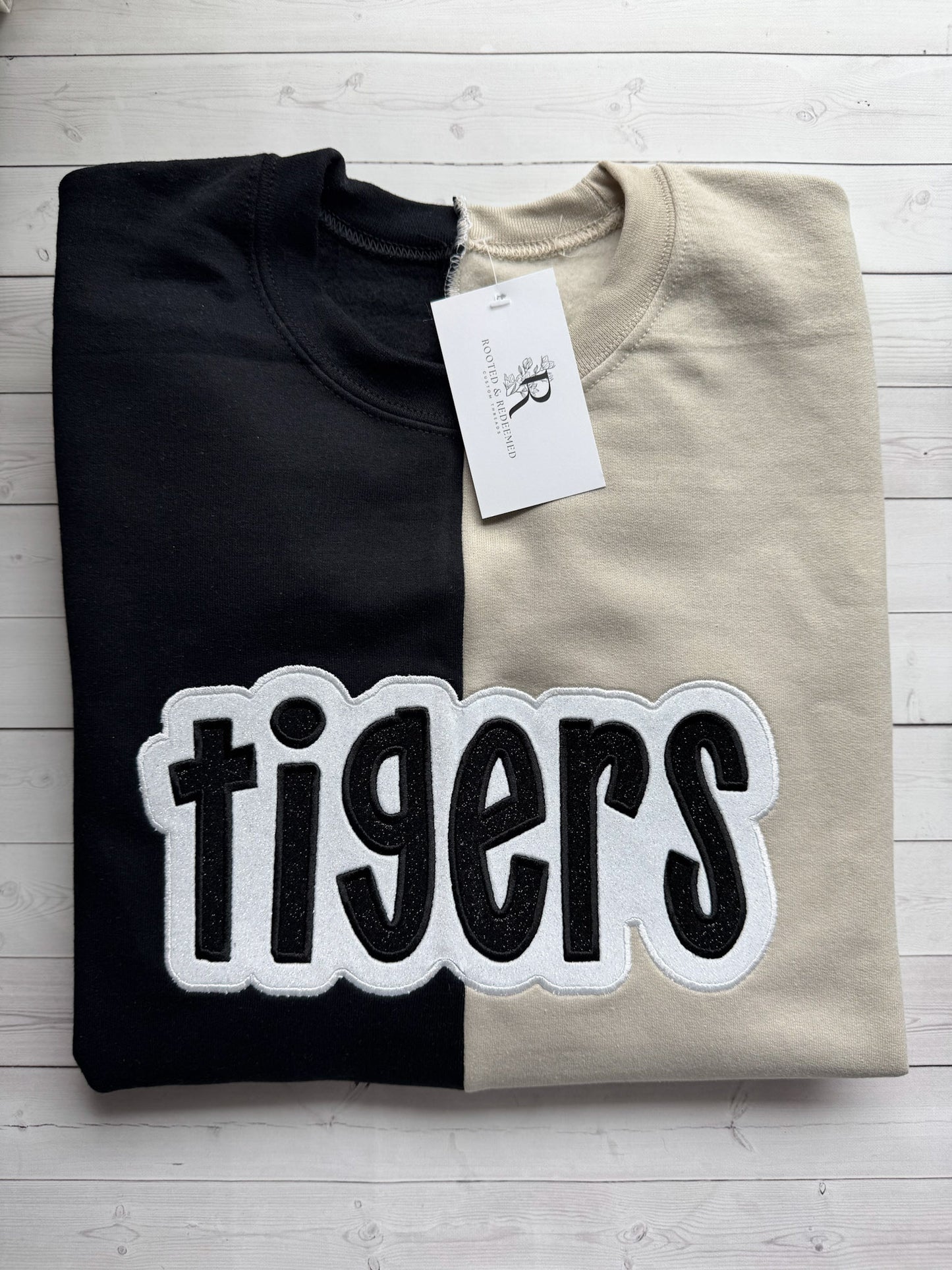 Tigers Double Glitter Appliqué Split Color Embroidered Sweatshirt