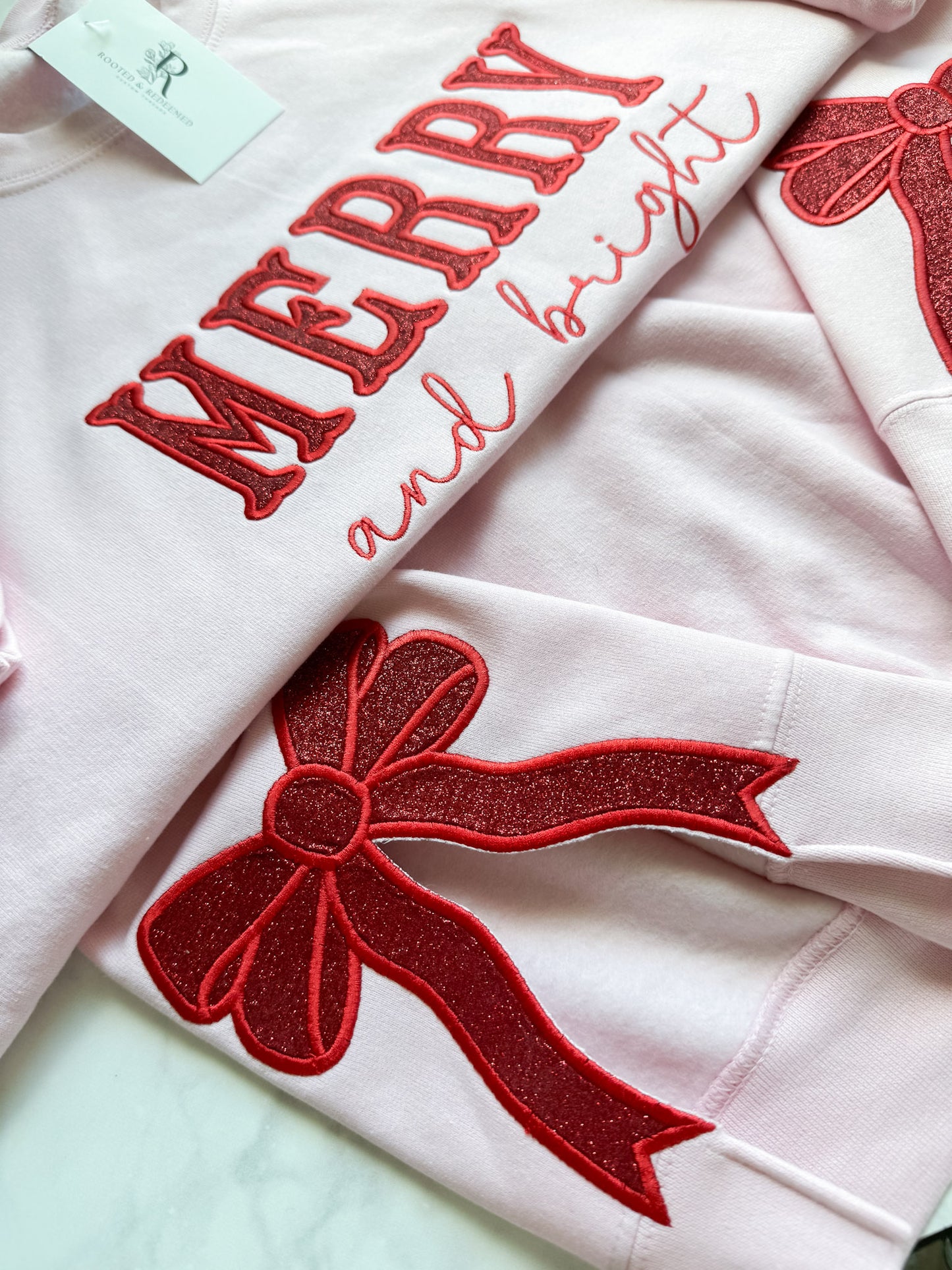 Merry and Bright Red Glitter HTV Applique Embroidered Sweatshirt