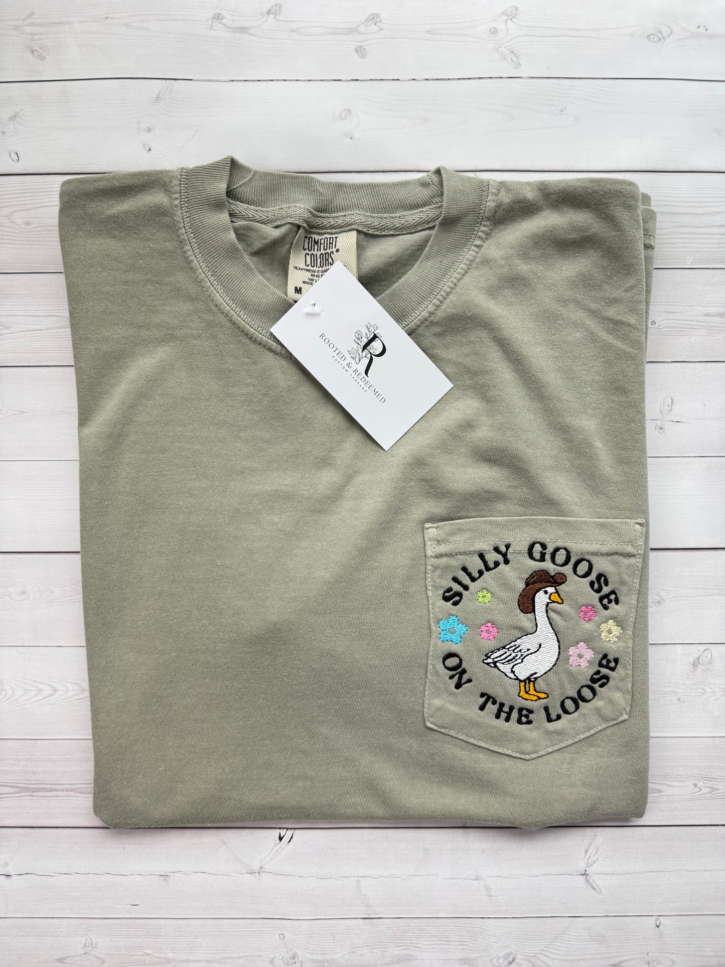 Silly Goose on the Loose Embroidered Comfort Colors Pocket T Shirt