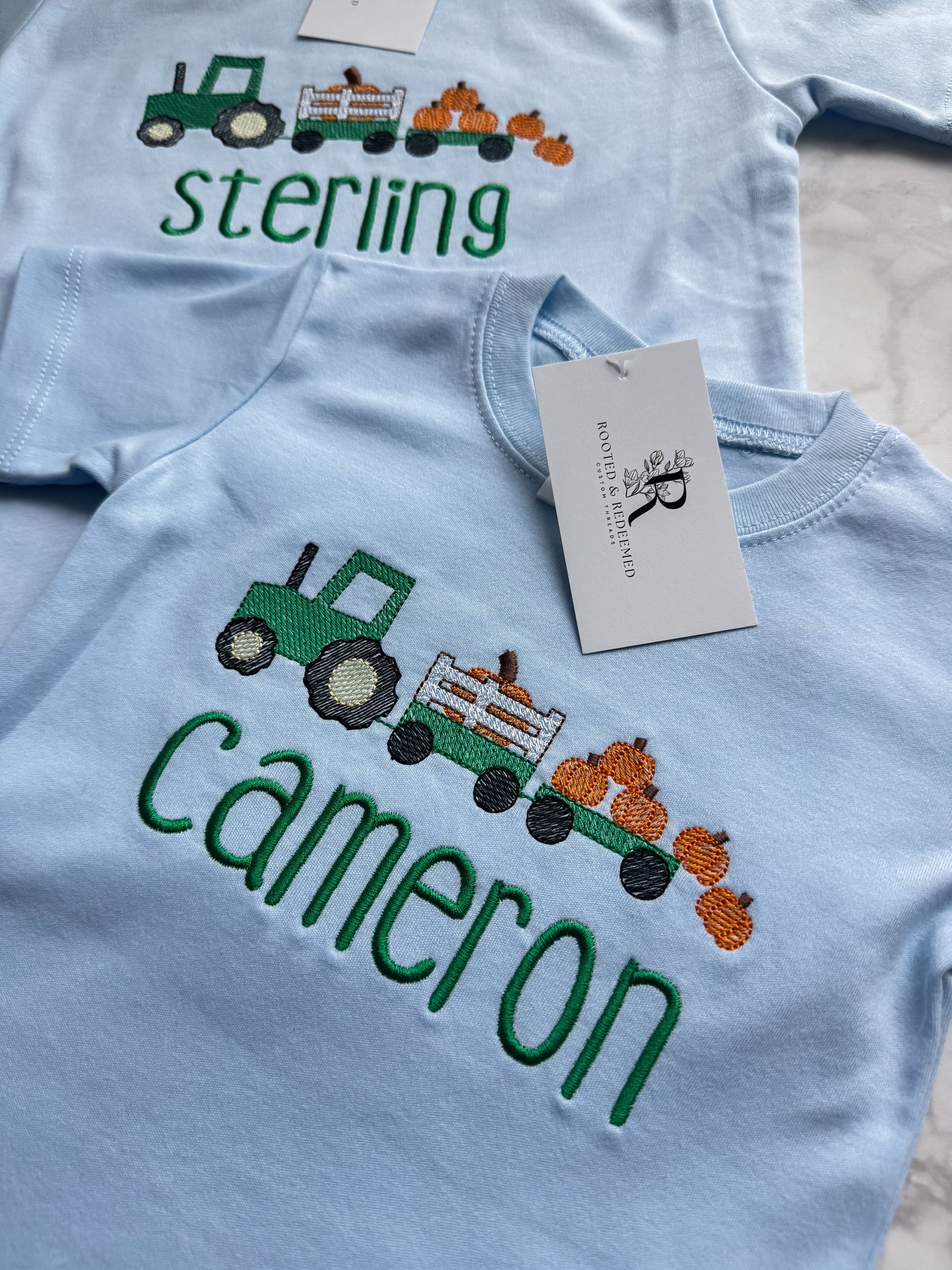 Pumpkin Farm Tractor Embroidered Infant or Toddler T Shirt