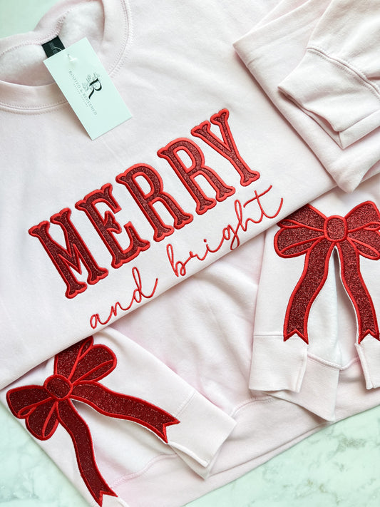 Merry and Bright Red Glitter HTV Applique Embroidered Sweatshirt