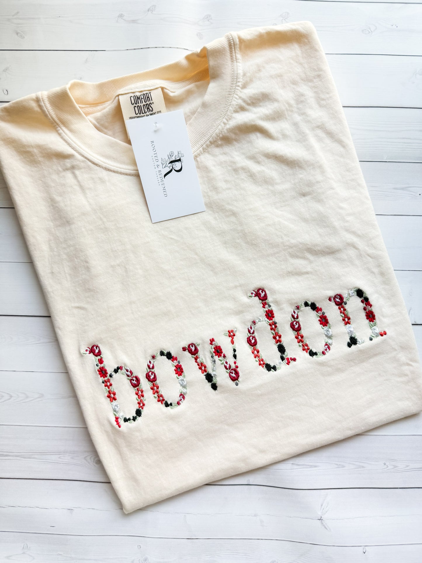 Bowdon Red and Black Floral Letter Embroidered Comfort Colors T Shirt