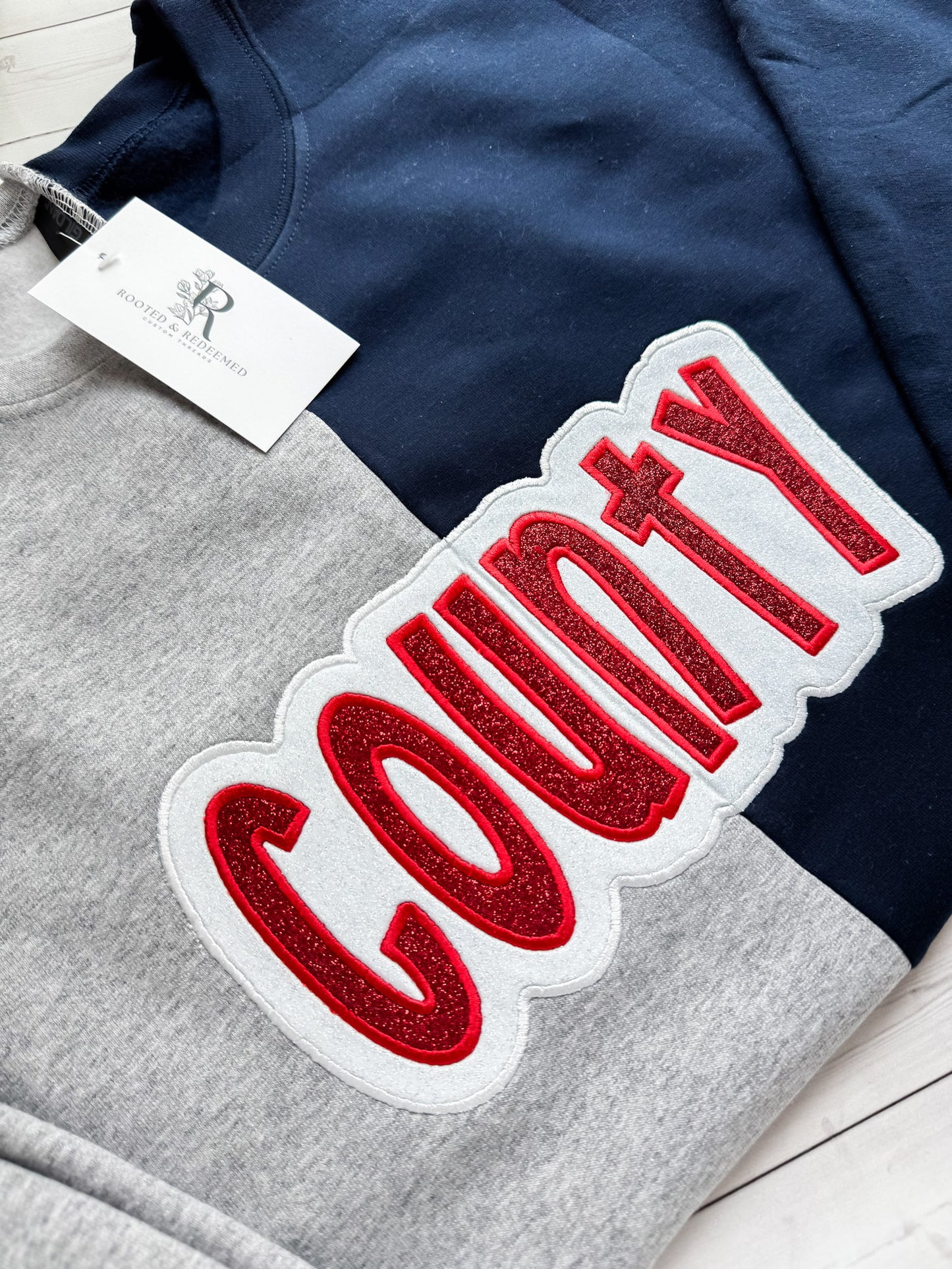 County Double Glitter Appliqué Split Color Embroidered Sweatshirt