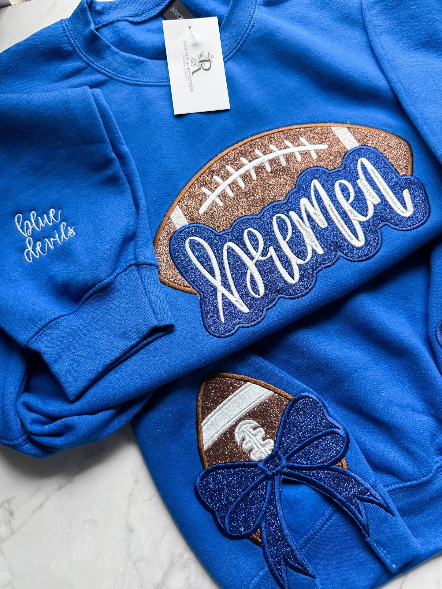 Bremen Football Double Glitter Appliqué Embroidered Sweatshirt WITH SIDE BOWS and Sleeve Embroidery