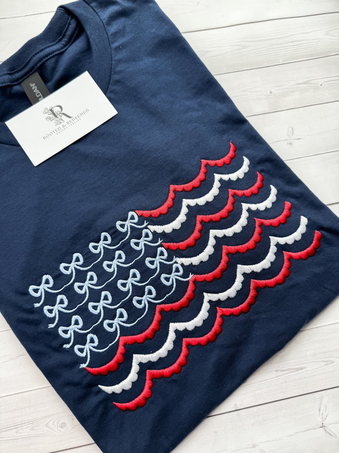 Scalloped Bow American Flag Embroidered Shirt