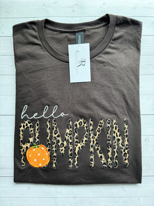 Hello Pumpkin Applique Embroidered T Shirt