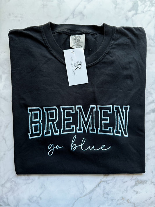 Black Bremen Go Blue Bubble Letter Embroidered Comfort Colors T Shirt