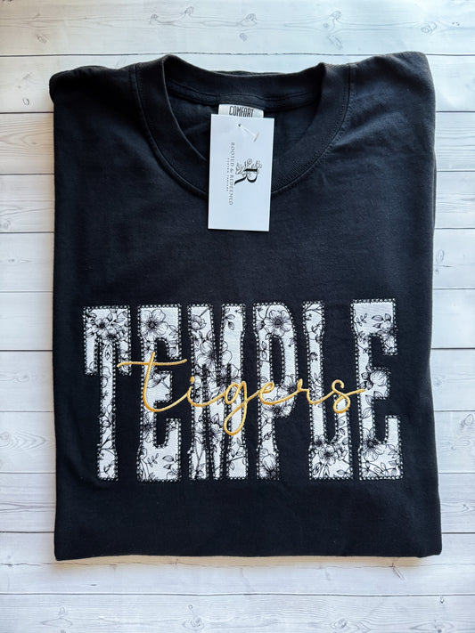 Temple Tigers Diamond Stitch Appliqué Embroidered T-Shirt
