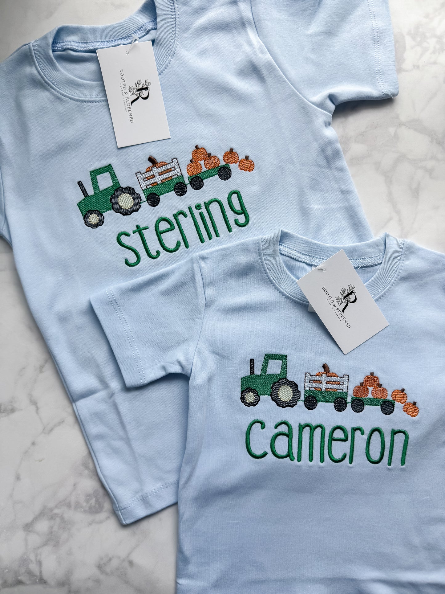 Pumpkin Farm Tractor Embroidered Infant or Toddler T Shirt