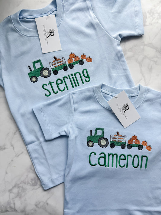Pumpkin Farm Tractor Embroidered Infant or Toddler T Shirt