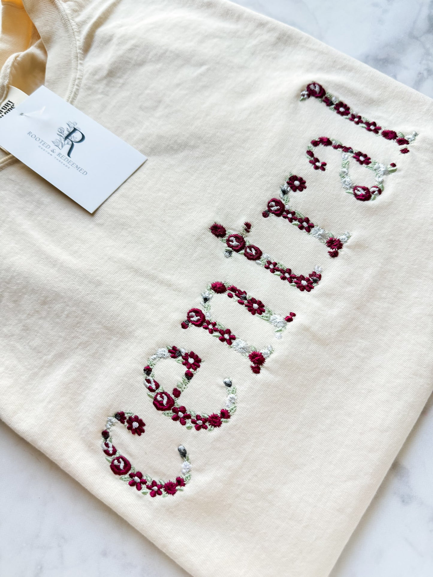 Central Maroon Floral Letter Embroidered Comfort Colors T Shirt