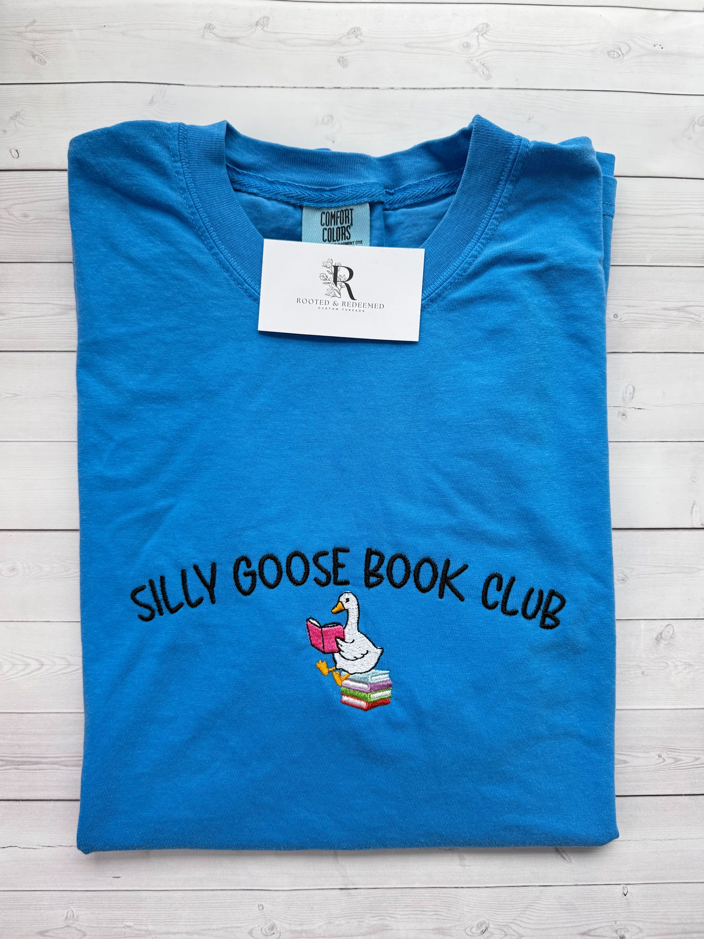 Silly Goose Book Club Embroidered Comfort Colors T Shirt
