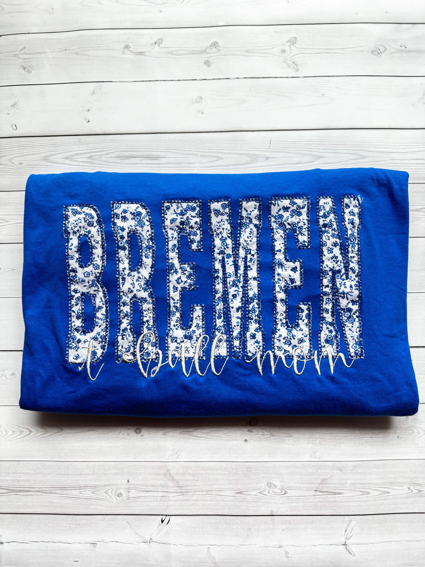 Bremen Sports Mom Diamond Stitch Appliqué Embroidered T-Shirt (ROYAL BLUE SHIRT)