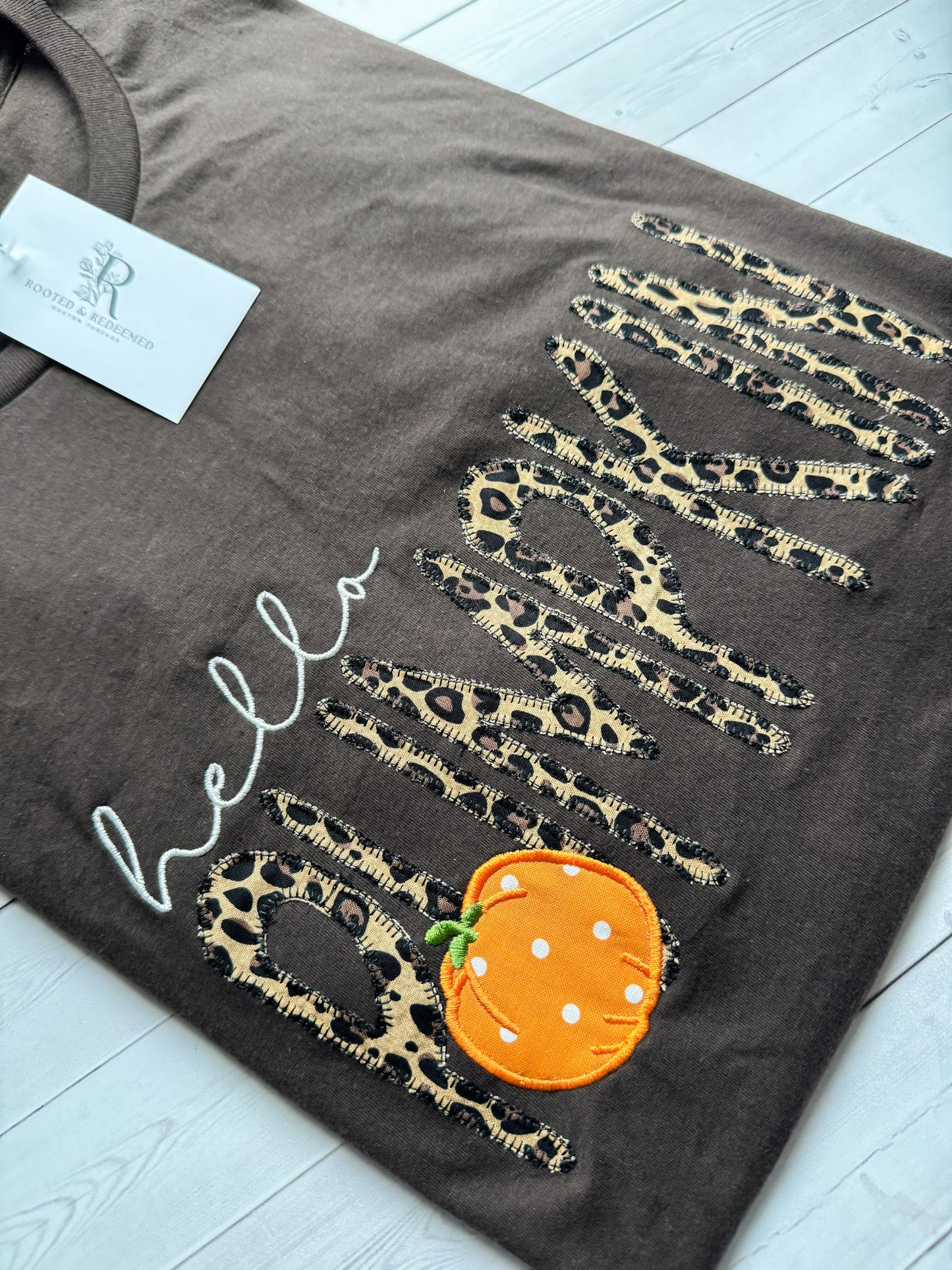 Hello Pumpkin Applique Embroidered T Shirt