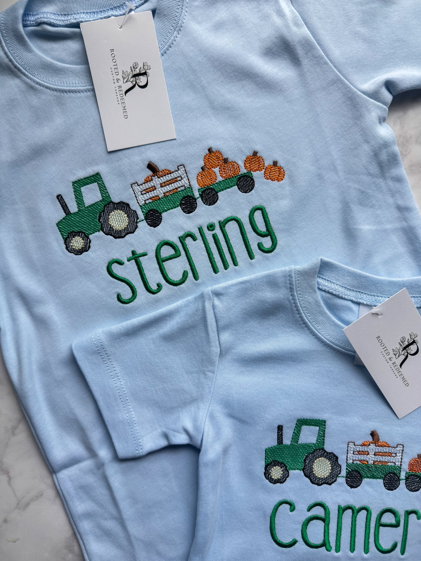 Pumpkin Farm Tractor Embroidered Infant or Toddler T Shirt