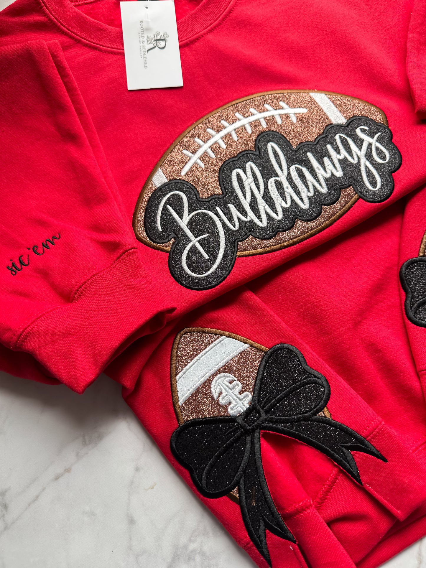 Bulldawgs Football Double Glitter Appliqué Embroidered Sweatshirt WITH SIDE BOWS and Sleeve Embroidery
