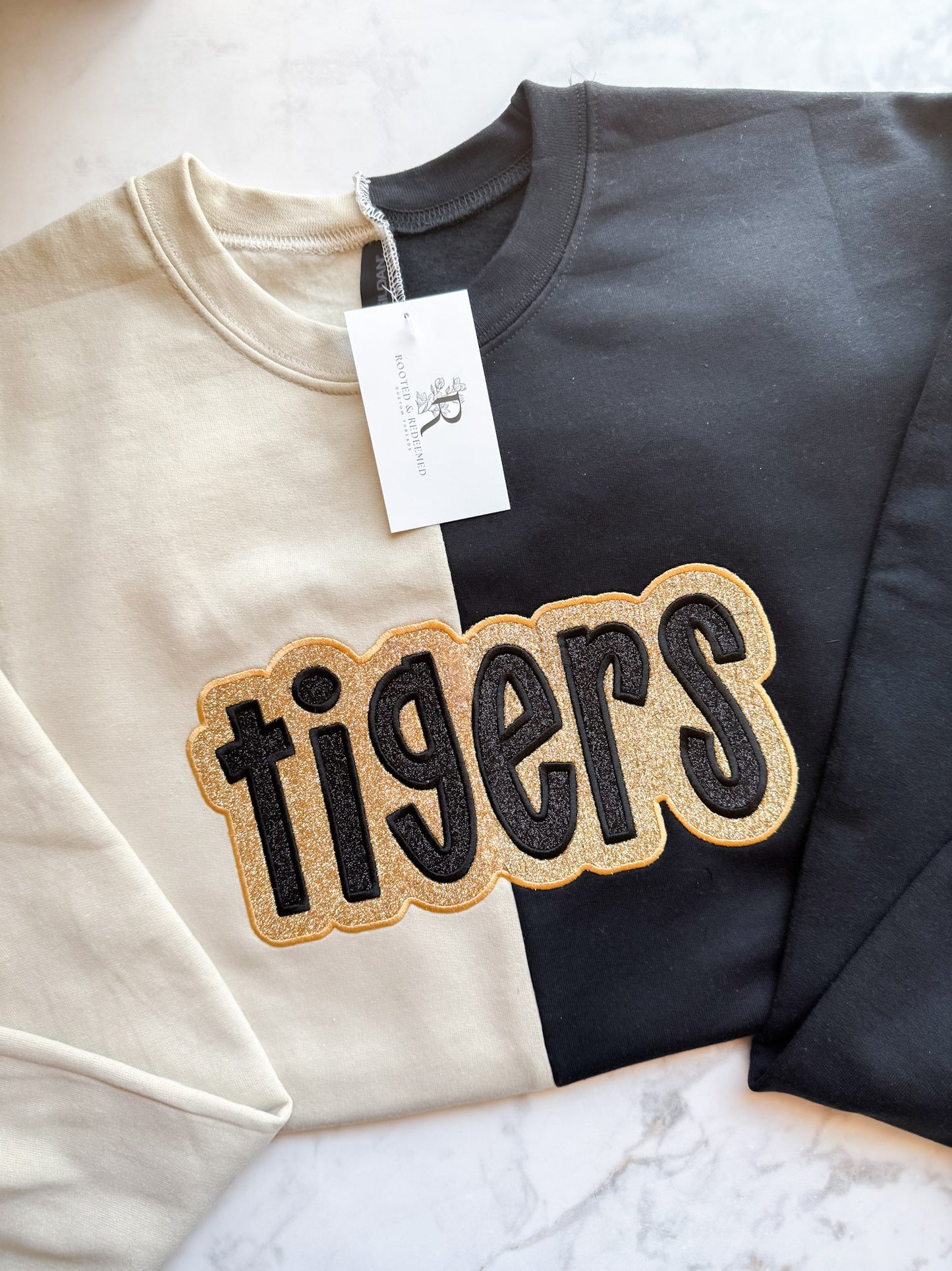 Tigers Double Glitter Appliqué Split Color Embroidered Sweatshirt