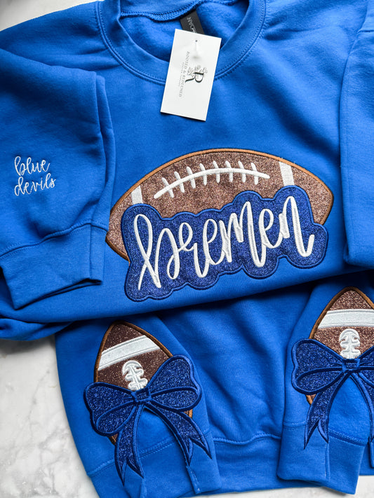 Bremen Football Double Glitter Appliqué Embroidered Sweatshirt WITH SIDE BOWS and Sleeve Embroidery