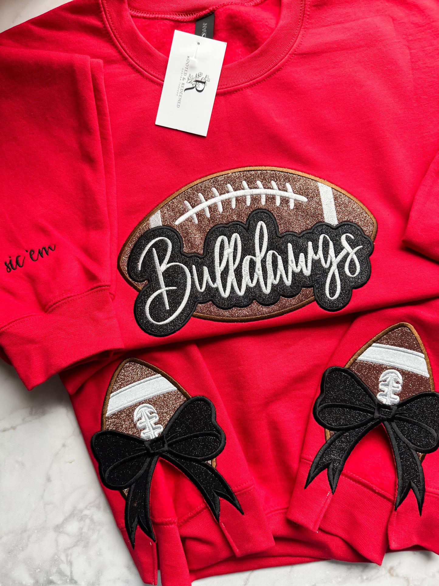 Bulldawgs Football Double Glitter Appliqué Embroidered Sweatshirt WITH SIDE BOWS and Sleeve Embroidery