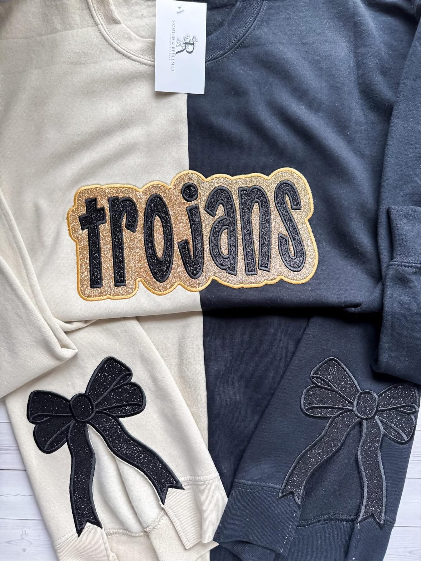 Trojans Double Glitter Appliqué Split Color Embroidered Sweatshirt WITH SIDE BOWS