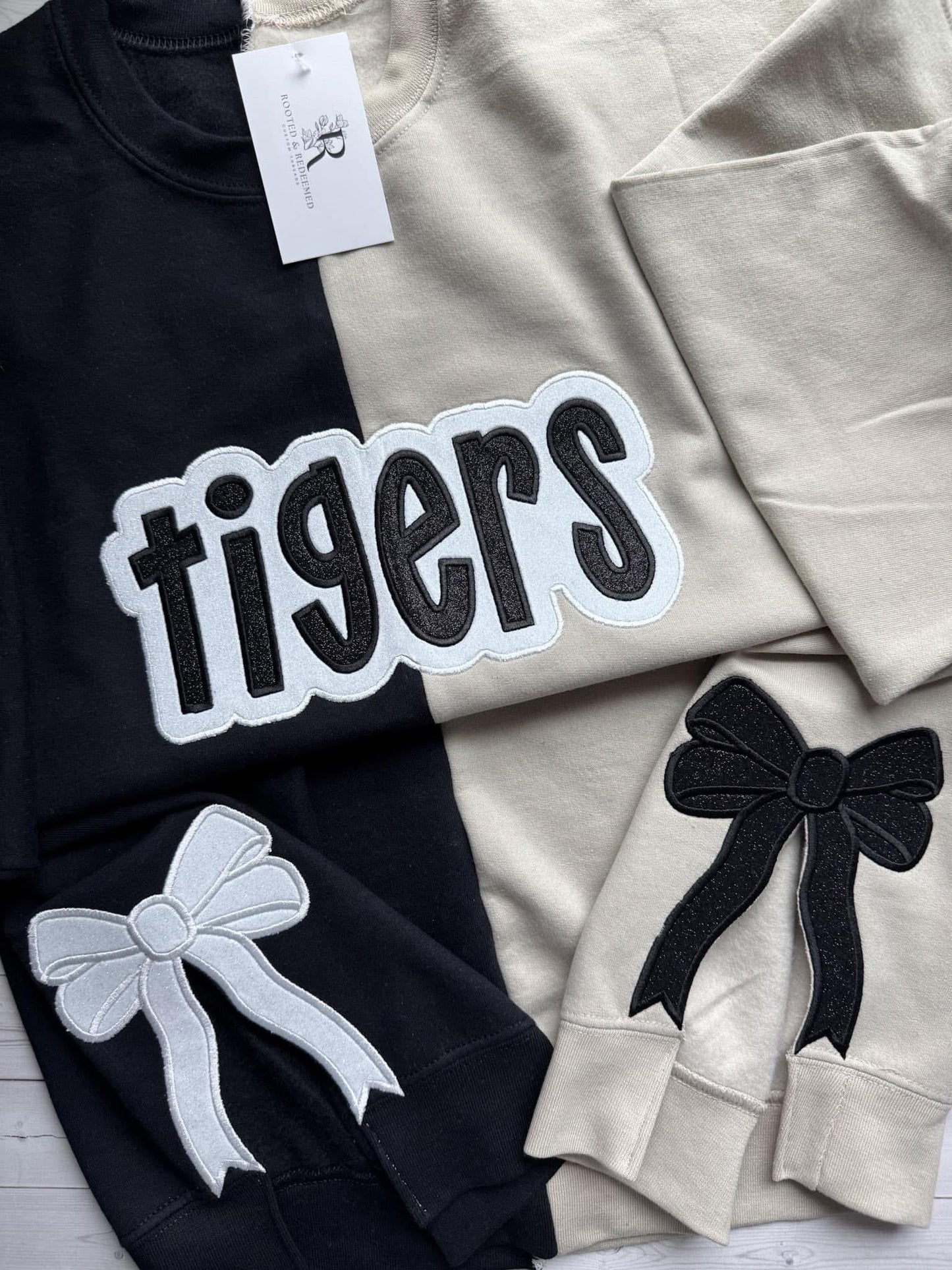 Tigers Double Glitter Appliqué Split Color Embroidered Sweatshirt WITH SIDE BOWS