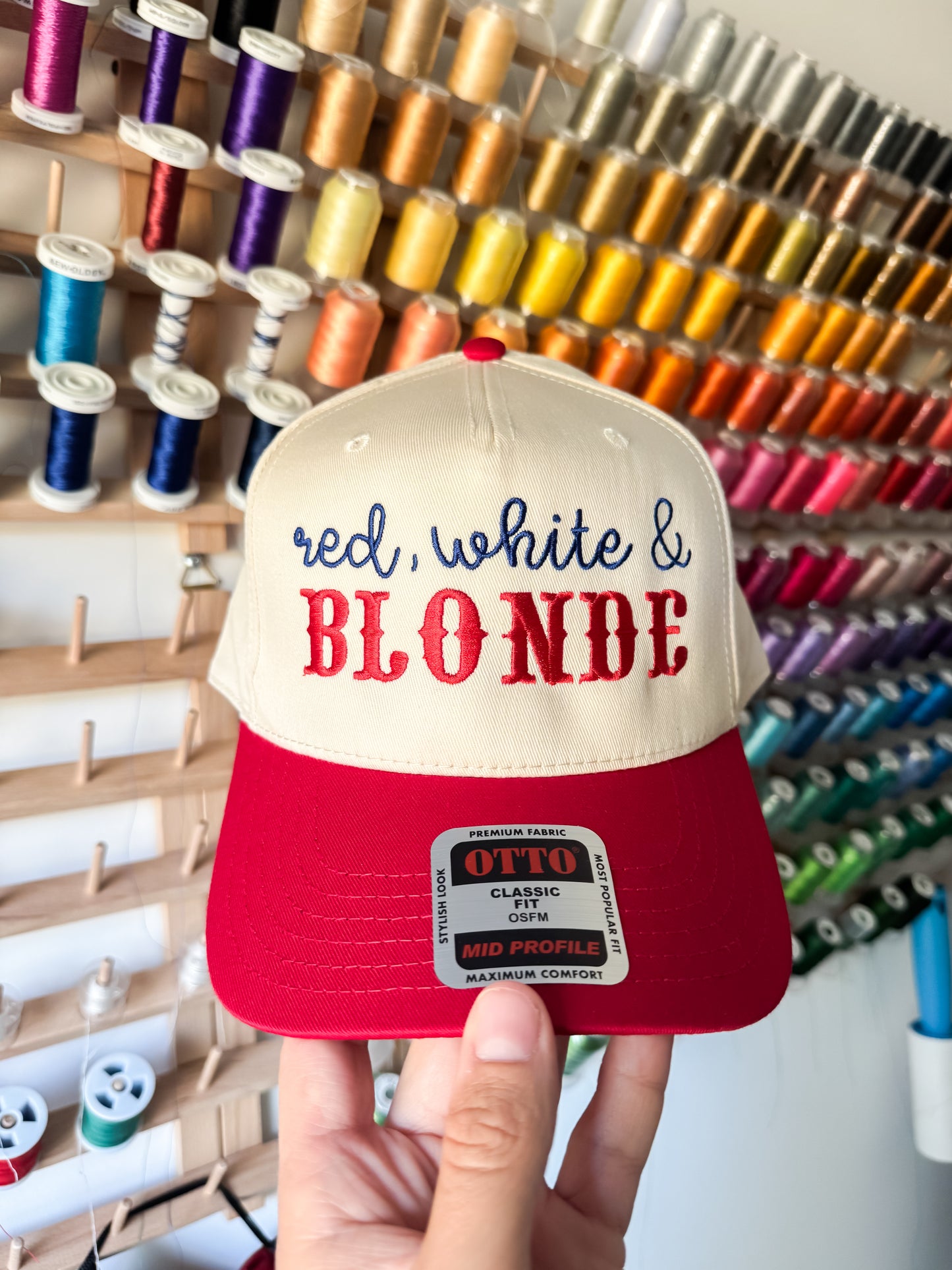 Red White and Blonde Embroidered Hat