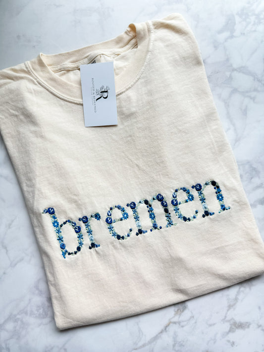 Bremen Blue Floral Letter Embroidered Comfort Colors T Shirt