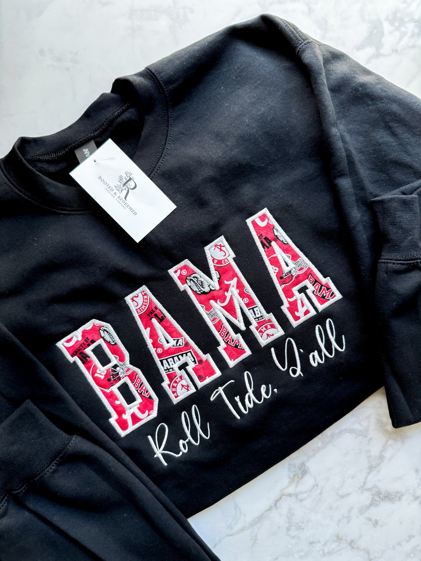 Alabama "BAMA" + Roll Tide Y'all Satin Stitch Applique Embroidered Sweatshirt